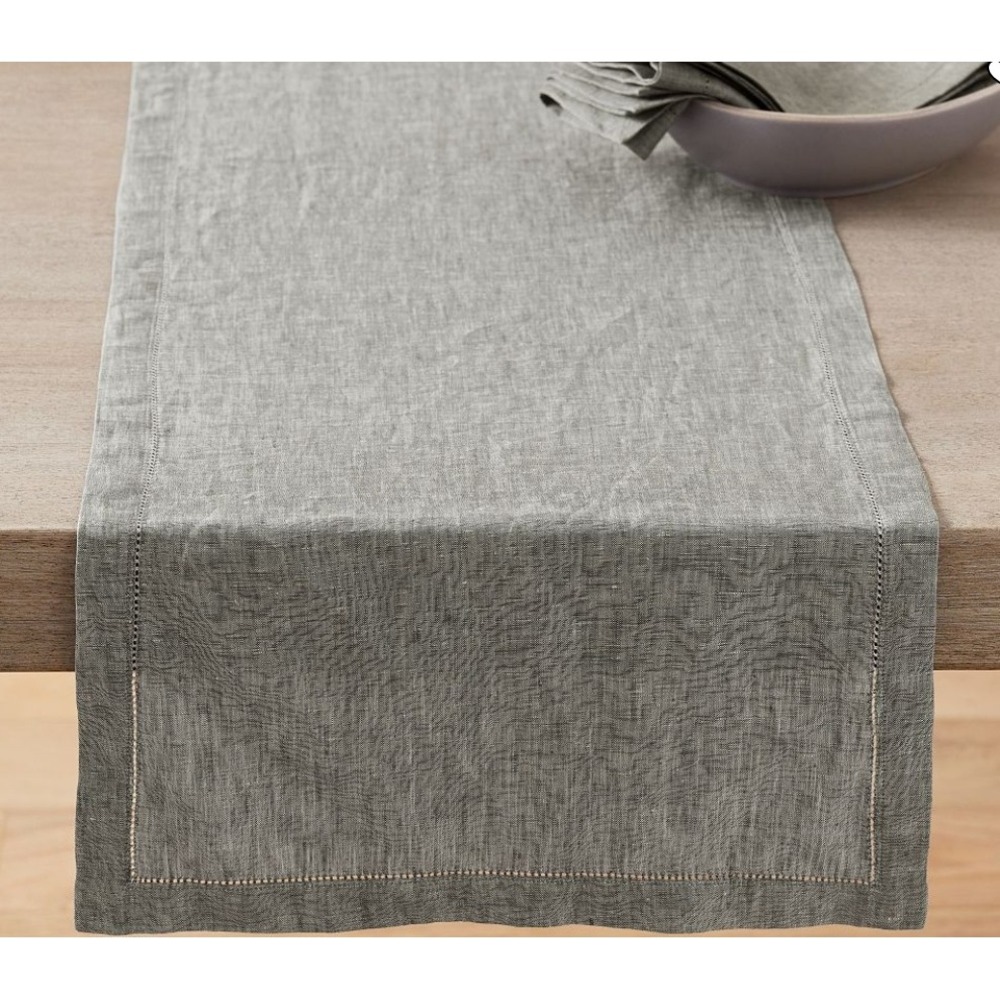 Pottery Barn Gray 100% Linen Hemstitch Table Runner 16 x 108 Long Rectangular